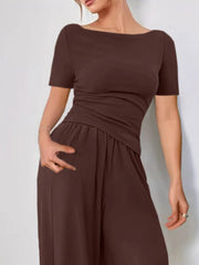 Boat neck jersey co-ord set in chocolate with ruched waist detail and wide leg pants.