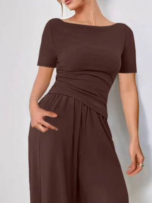 Boat neck jersey co-ord set in chocolate with ruched waist detail and wide leg pants.