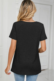 Black ruched v-neck jersey tee with short sleeves, shown from the back.