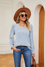 Pastel Blue textured blouse with square neckline and cuffed sleeves