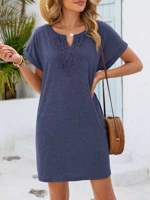 Dusty blue lace-trimmed V-neck pocket dress with short sleeves and a relaxed fit.
