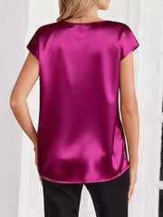 Luxe satin V-neck short sleeve maternity shirt in Rose Red, a comfortable casual blouse.