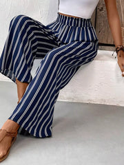 Striped Wide-leg Pants With Elastic Waistband in Dark Blue, close-up detail