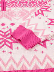 Festive Fair Isle quarter zip knit top in pink and white with snowflake and chevron patterns.
