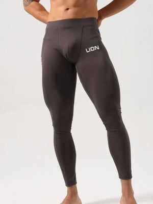 Dark gray compression tights with white LION logo on thigh, athletic fit