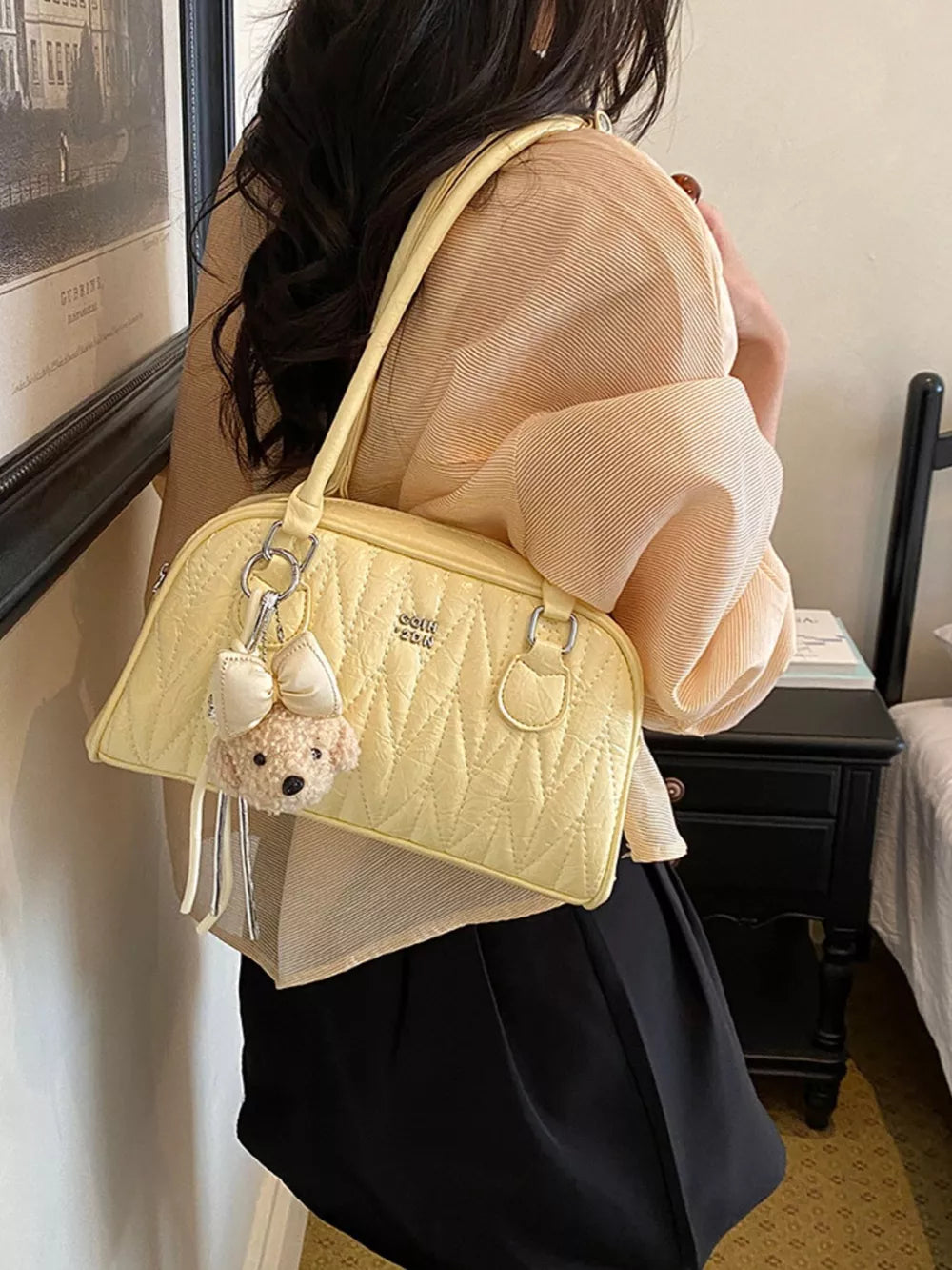 Quilted Zip Shoulder Bag in Yellow, front view