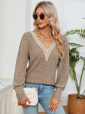 Khaki ribbed knit sweater with crochet V-neck detail and long sleeves