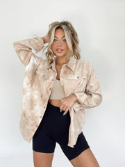 Cloud Wash Overshirt in beige with patch pockets and button front, styled casually.