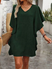 Army green mini dress with V-neck and ruffled sleeves.