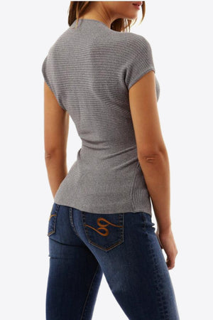Gray Dawn ribbed knit wrap-effect top with short sleeves.