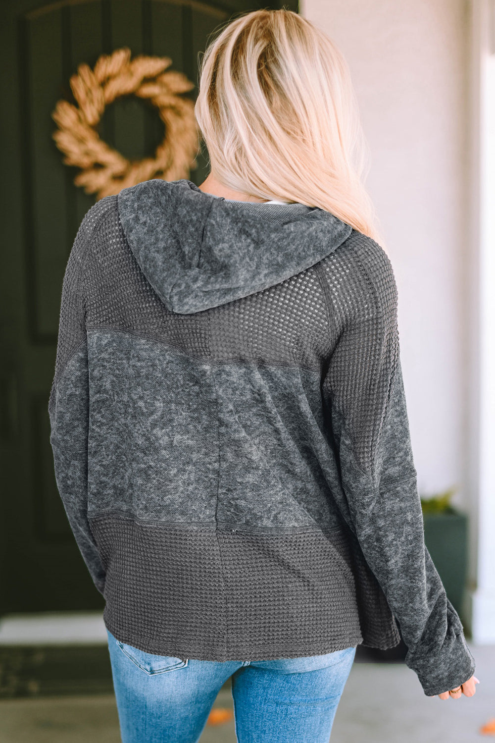 Colorblock knit zip-up hoodie in charcoal with waffle knit and mesh panels.