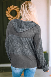 Colorblock knit zip-up hoodie in charcoal with waffle knit and mesh panels.