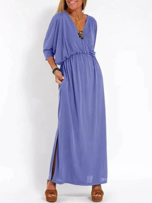 Light Purple V-neck maxi dress with dolman sleeves and side slits