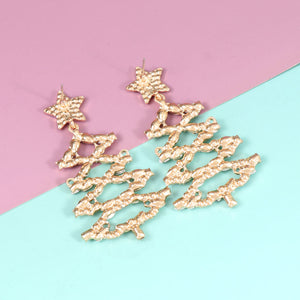Festive crystal tree dangle earrings with star detail, gold alloy.