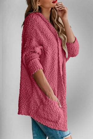 Deep Rose textured popcorn knit open cardigan with pockets and 3/4 sleeves.