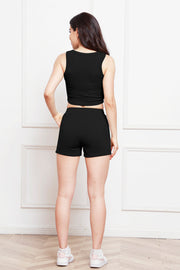 Black ribbed tank top and drawstring shorts set with a casual fit.