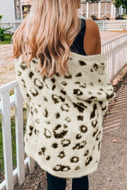 Leopard print plush open cardigan with fuzzy texture and relaxed fit.
