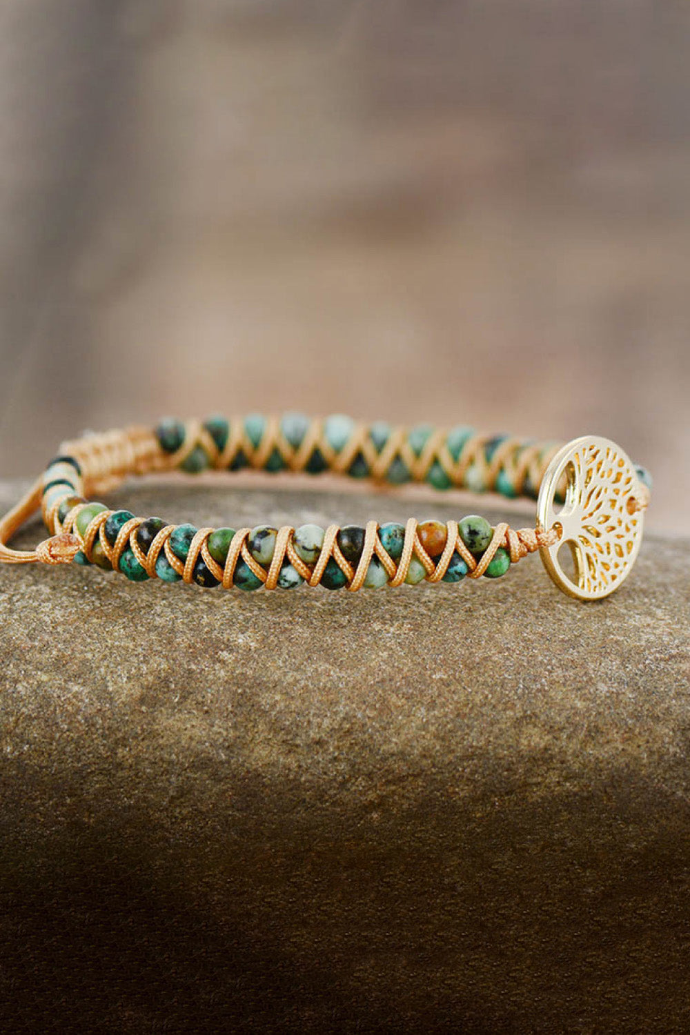 Gold Tree of Life macrame bracelet with green and brown beads