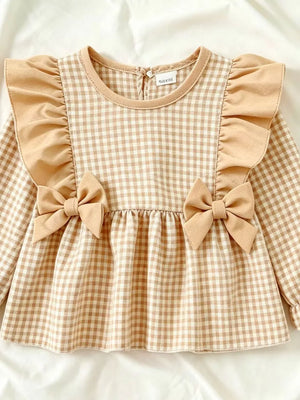 Children's Ruffled Plaid Top And Pants Set in Light Yellow, fit detail