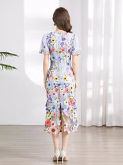 Embroidered Floral Puff Sleeve Midi Dress