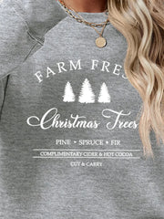 Chic graphic sweatshirt in charcoal with "Farm Fresh Christmas Trees" print.