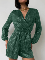 Dark green sequin wrap romper with blouson sleeves and V-neck