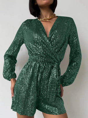 Dark green sequin wrap romper with blouson sleeves and V-neck