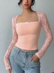 Peach lace sleeve square neck shirt with pink bow detail