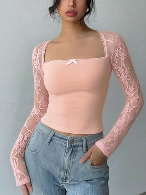 Peach lace sleeve square neck shirt with pink bow detail
