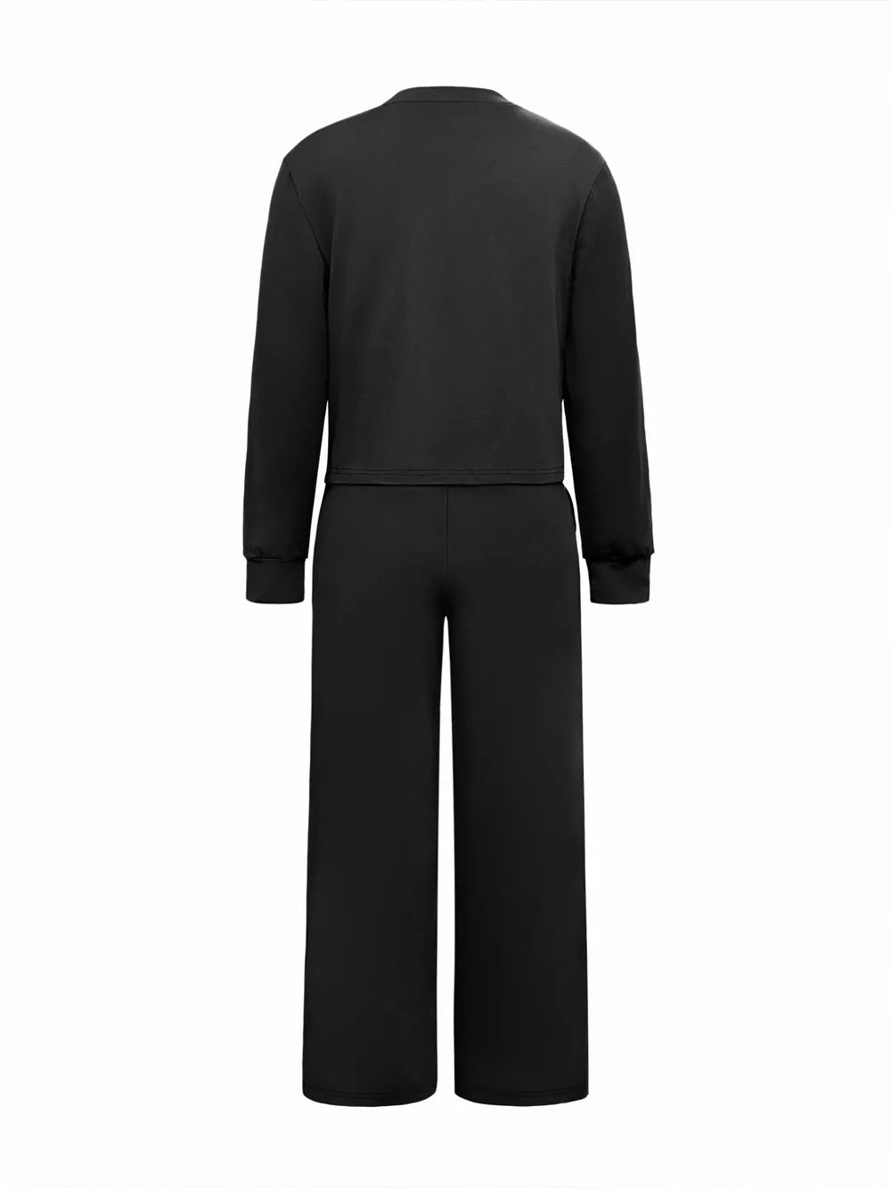 Black long sleeve top and wide leg pants pajama set for women.