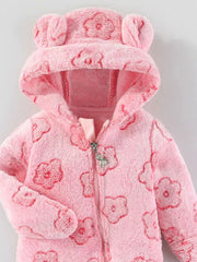 Pink plush one-piece with bear ears hood and flower pattern.