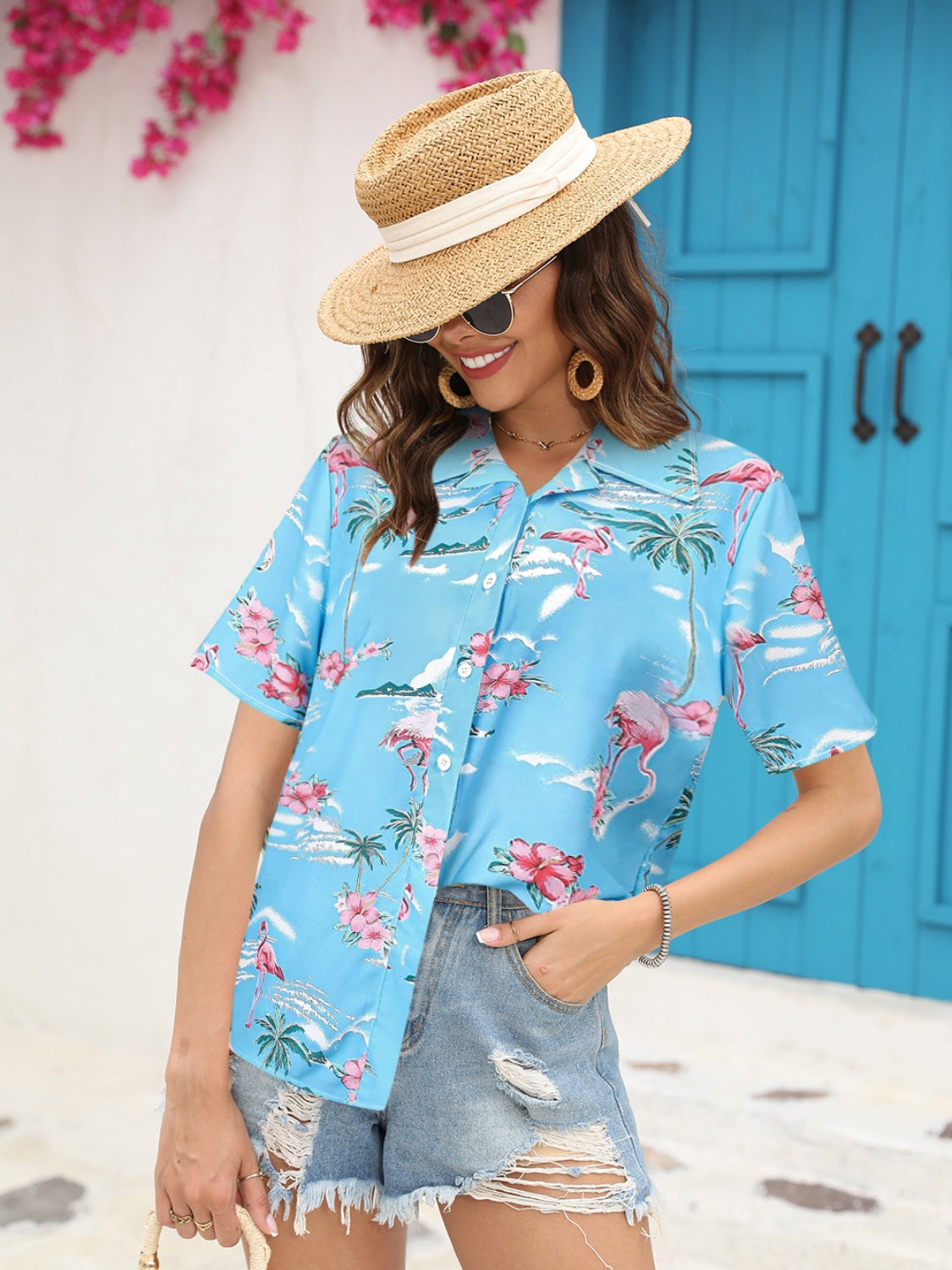 Sky blue camp collar shirt with tropical flamingo and palm tree print, short sleeves
