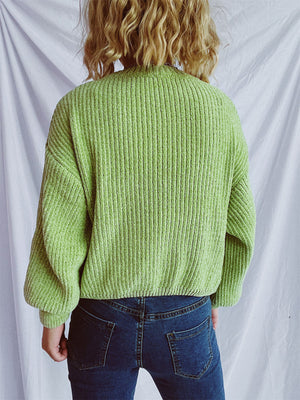 Lime green textured ribbed knit relaxed crewneck pullover sweater with balloon sleeves.