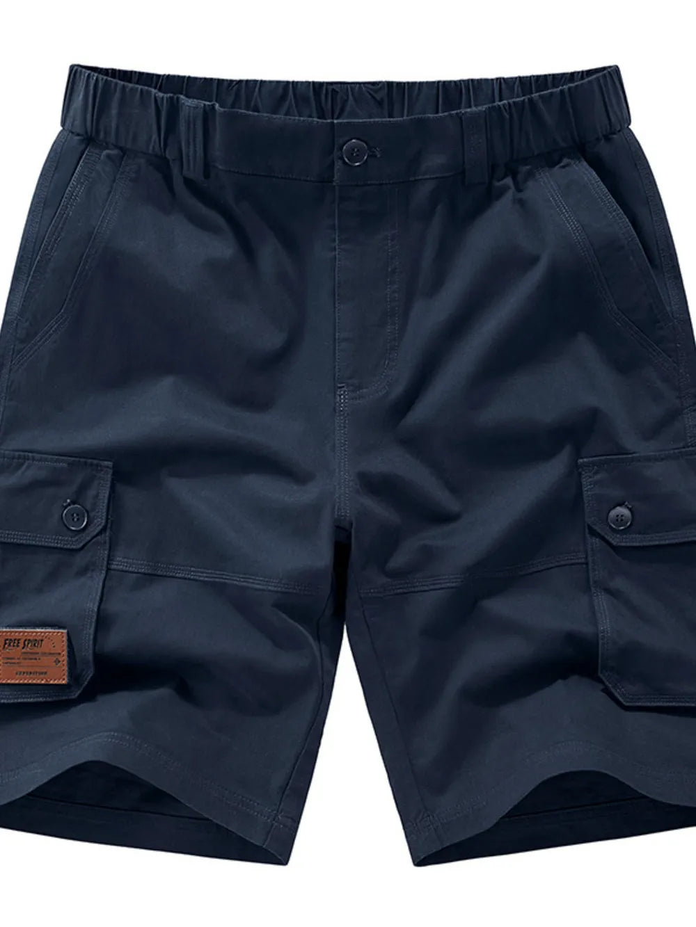 Royal blue chino shorts with elastic waist, button fly, and cargo pockets.