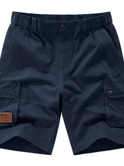 Royal blue chino shorts with elastic waist, button fly, and cargo pockets.