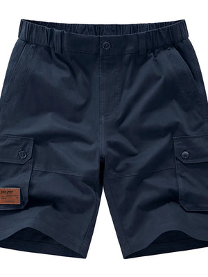 Royal blue chino shorts with elastic waist, button fly, and cargo pockets.