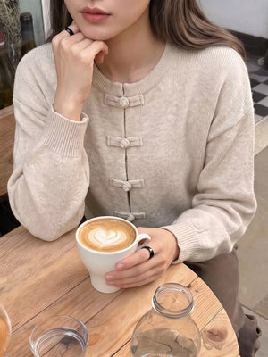 Button-down Long-sleeve Top in Apricot, model styling view