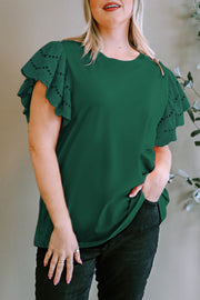 Dark green eyelet flutter sleeve tee with a crew neck, casual fit.