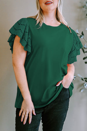 Dark green eyelet flutter sleeve tee with a crew neck, casual fit.