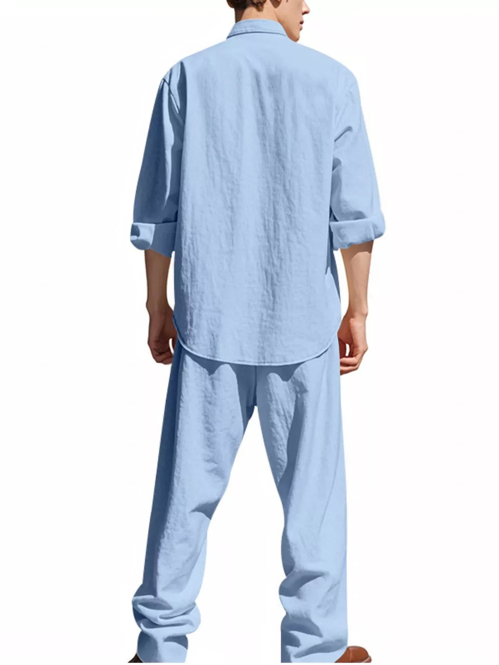 Light blue linen blend casual two-piece set, men's long sleeve shirt and pants.