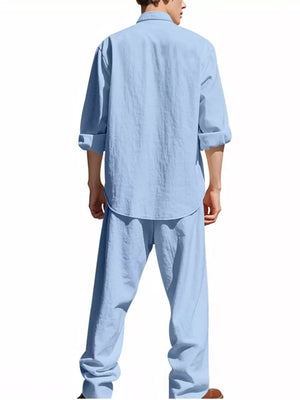 Light blue linen blend casual two-piece set, men's long sleeve shirt and pants.