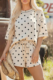 Women's cream polka dot polyester shorts with drawstring waist