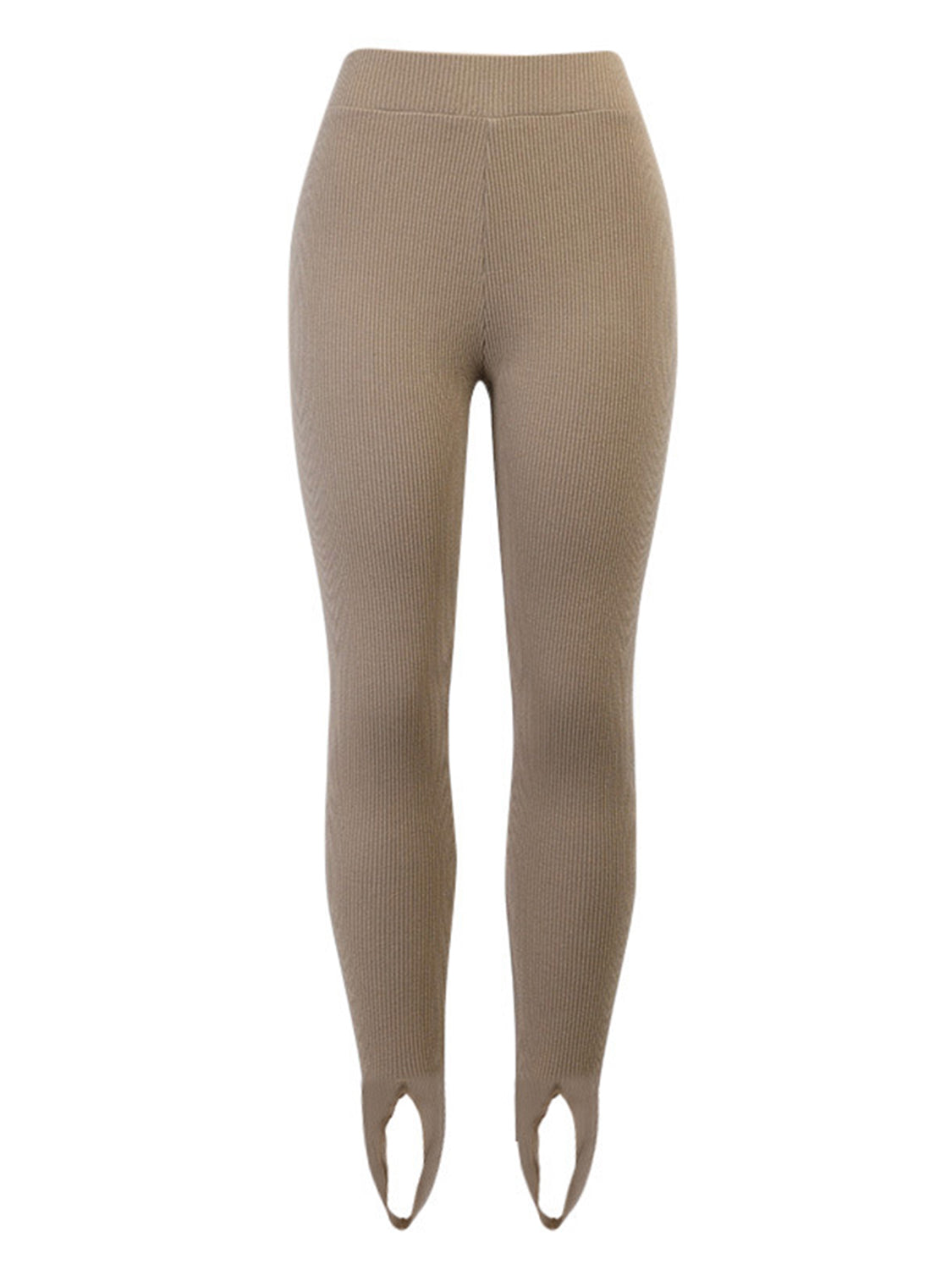 Camel ribbed knit stirrup leggings with a high waist.