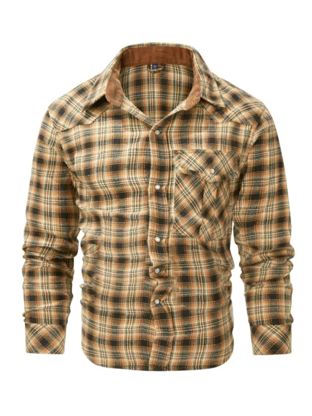 Tan plaid cotton button-up shirt with corduroy collar and chest pockets.
