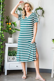 Striped jersey maxi dress with V-neck, short sleeves, and a slit hem.