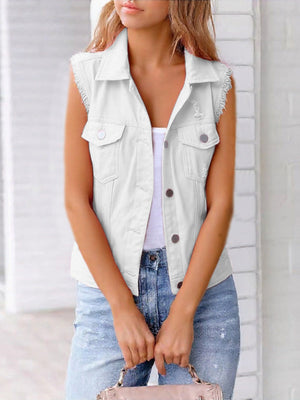 White denim vest with frayed shoulders and distressed details, collared, button front, sleeveless.