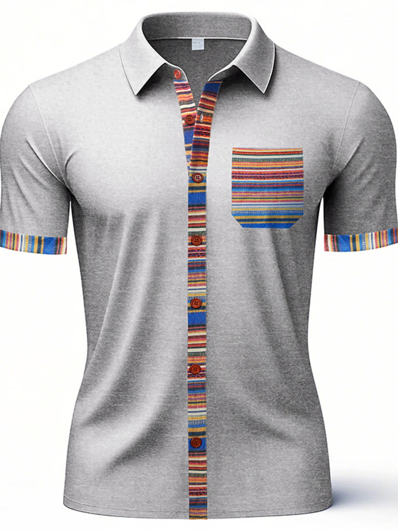 Light gray cotton short sleeve men's button-down shirt with colorful striped trim on placket, pocket, and cuffs.
