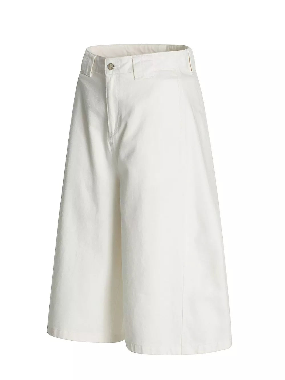 White wide-leg capris with a button and zip fly, and a relaxed fit.