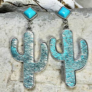 Cactus silhouette drop earrings with turquoise square tops and distressed aqua inlay.