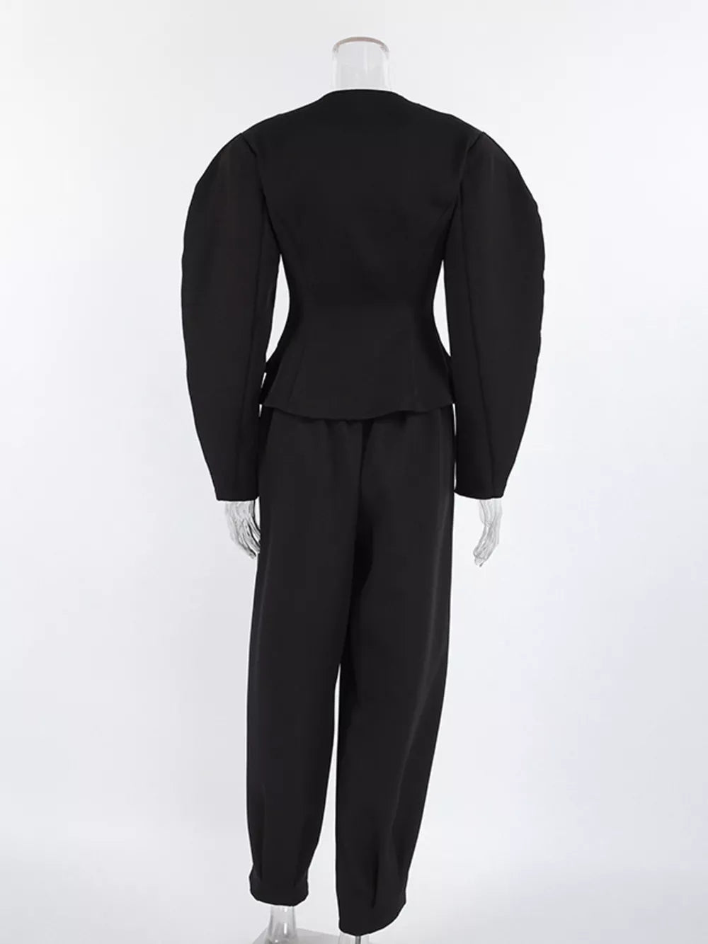 Puffy Sleeve Blazer And Wide-leg Pants Set in Black, fit detail